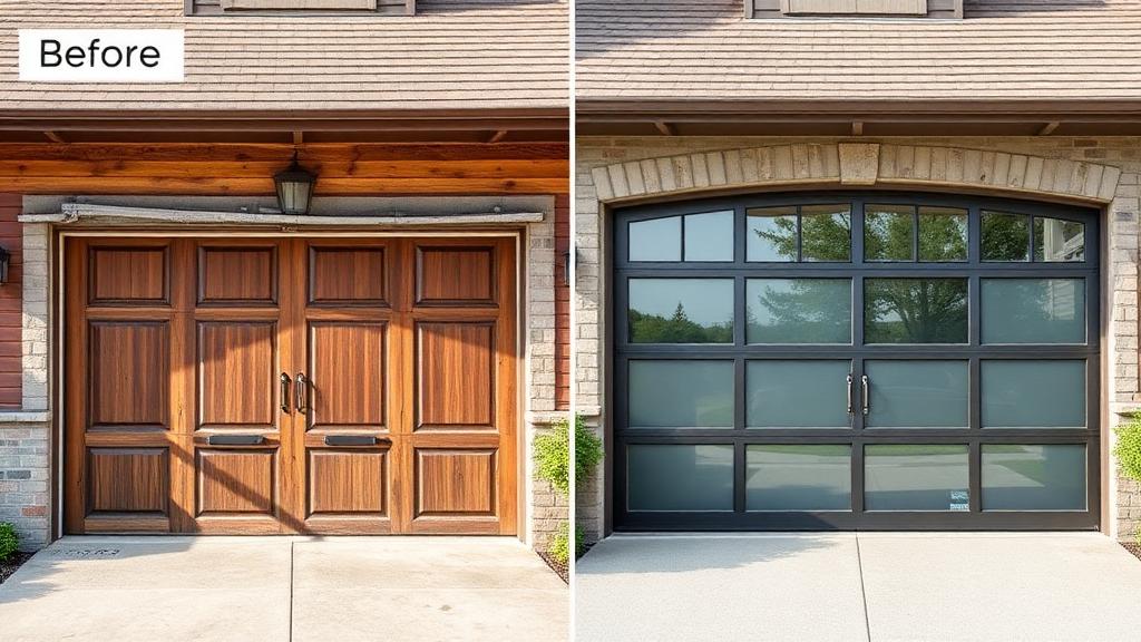 Before and after garage door installation showing transformation from old wooden door to modern steel door with glass panels